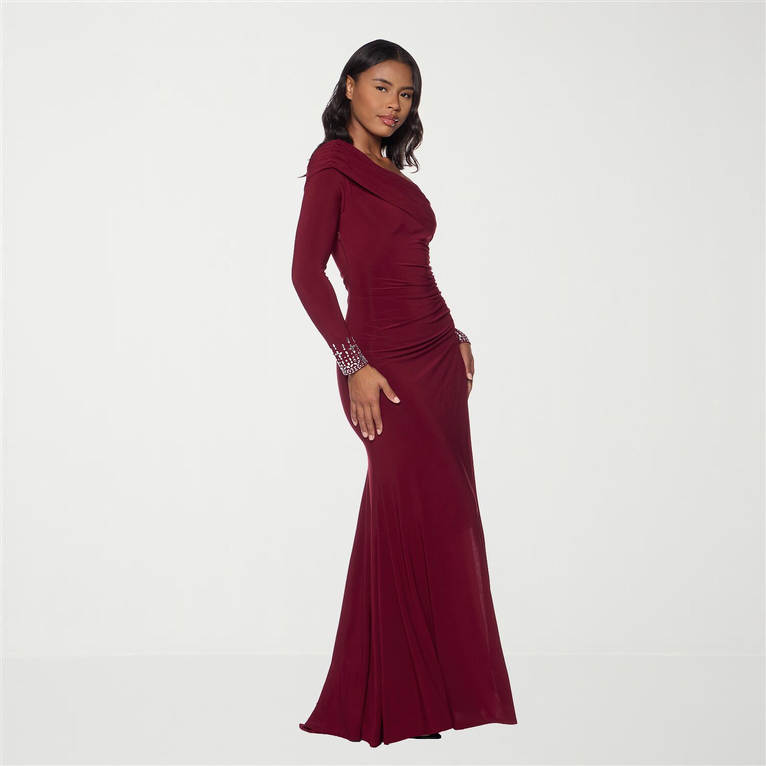 Premier Amour Womens Asymmetrical Neck Long Sleeve Fitted Evening Gown