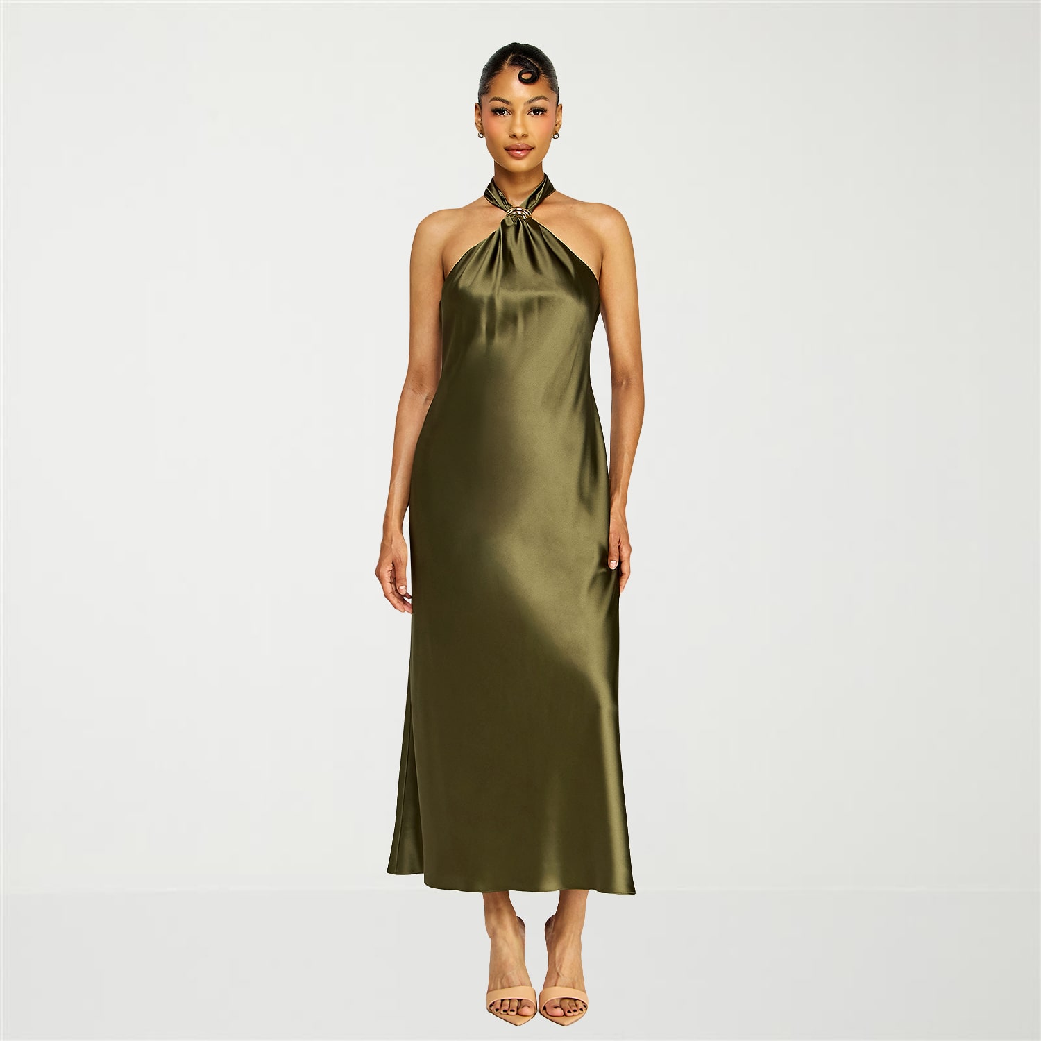 Premier Amour Womens Midi Halter Neck Sleeveless Evening Gown