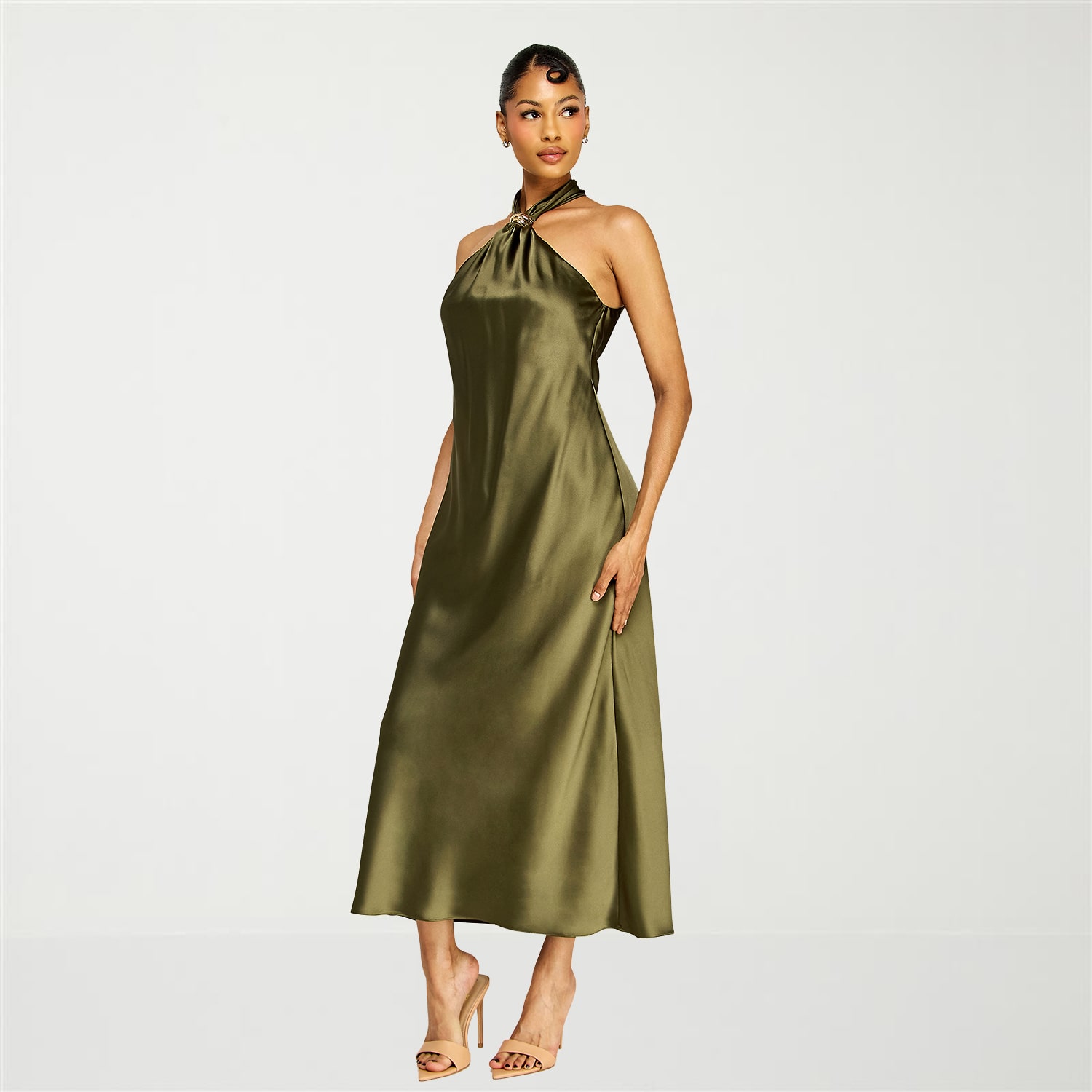 Premier Amour Womens Midi Halter Neck Sleeveless Evening Gown
