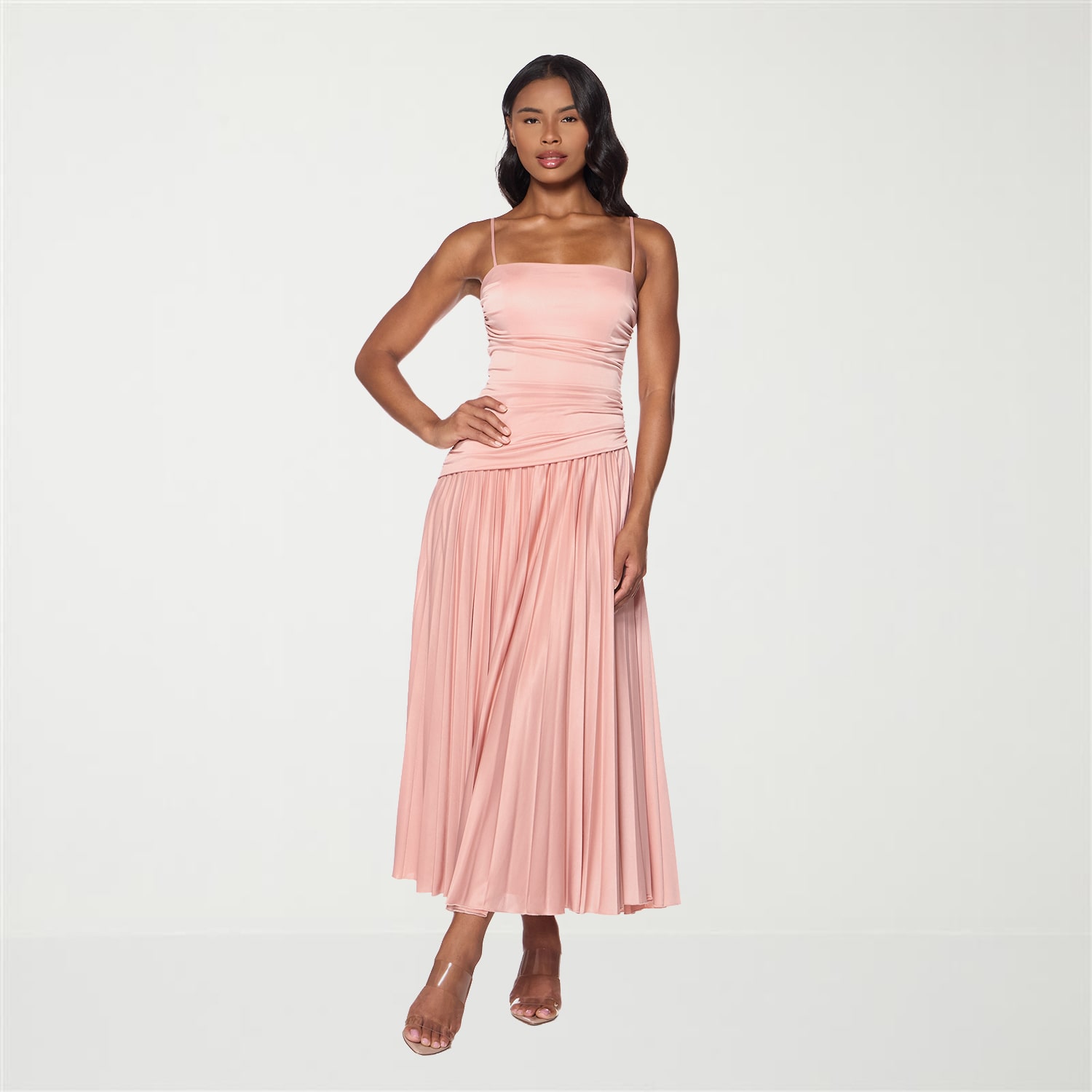 Premier Amour Womens Midi Straight Neck Sleeveless Fit + Flare Dress
