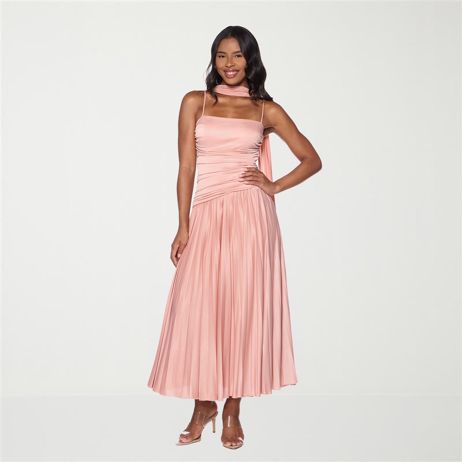 Premier Amour Womens Midi Straight Neck Sleeveless Fit + Flare Dress