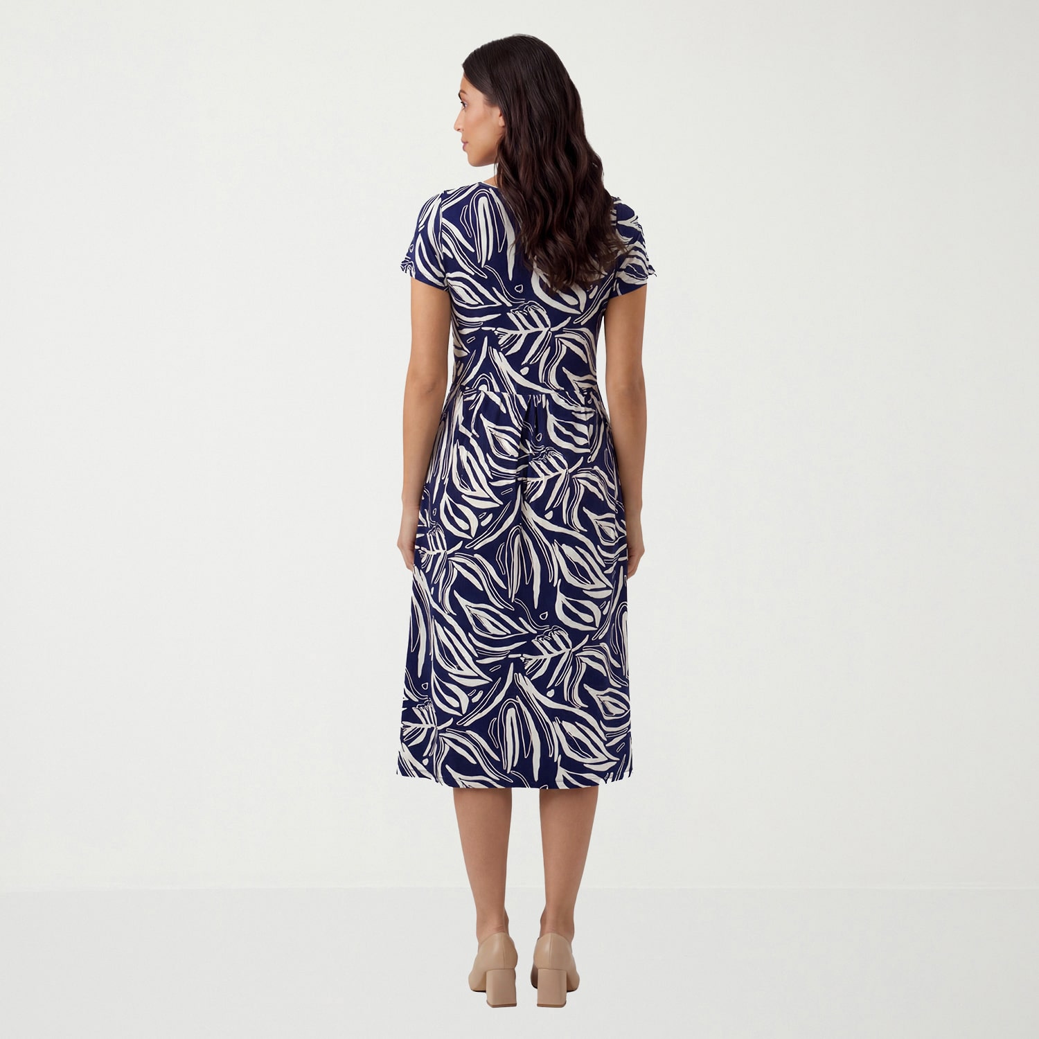 24seven Comfort Apparel Maternity Womens Midi Boat Neck Short Sleeve Abstract Fit + Flare Dress