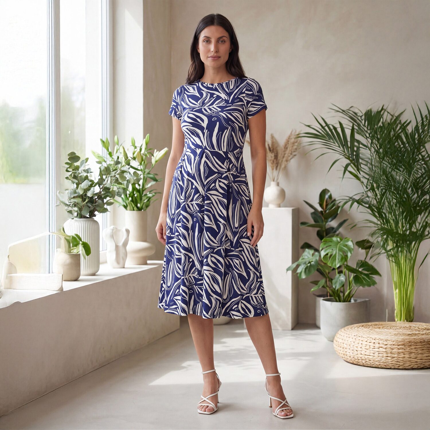 24seven Comfort Apparel Maternity Womens Midi Boat Neck Short Sleeve Abstract Fit + Flare Dress