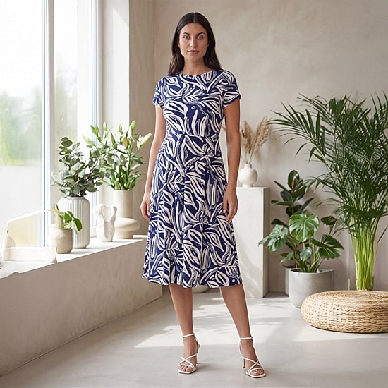 24seven Comfort Apparel Womens Maternity Midi Boat Neck Short Sleeve Abstract Fit + Flare Dress
