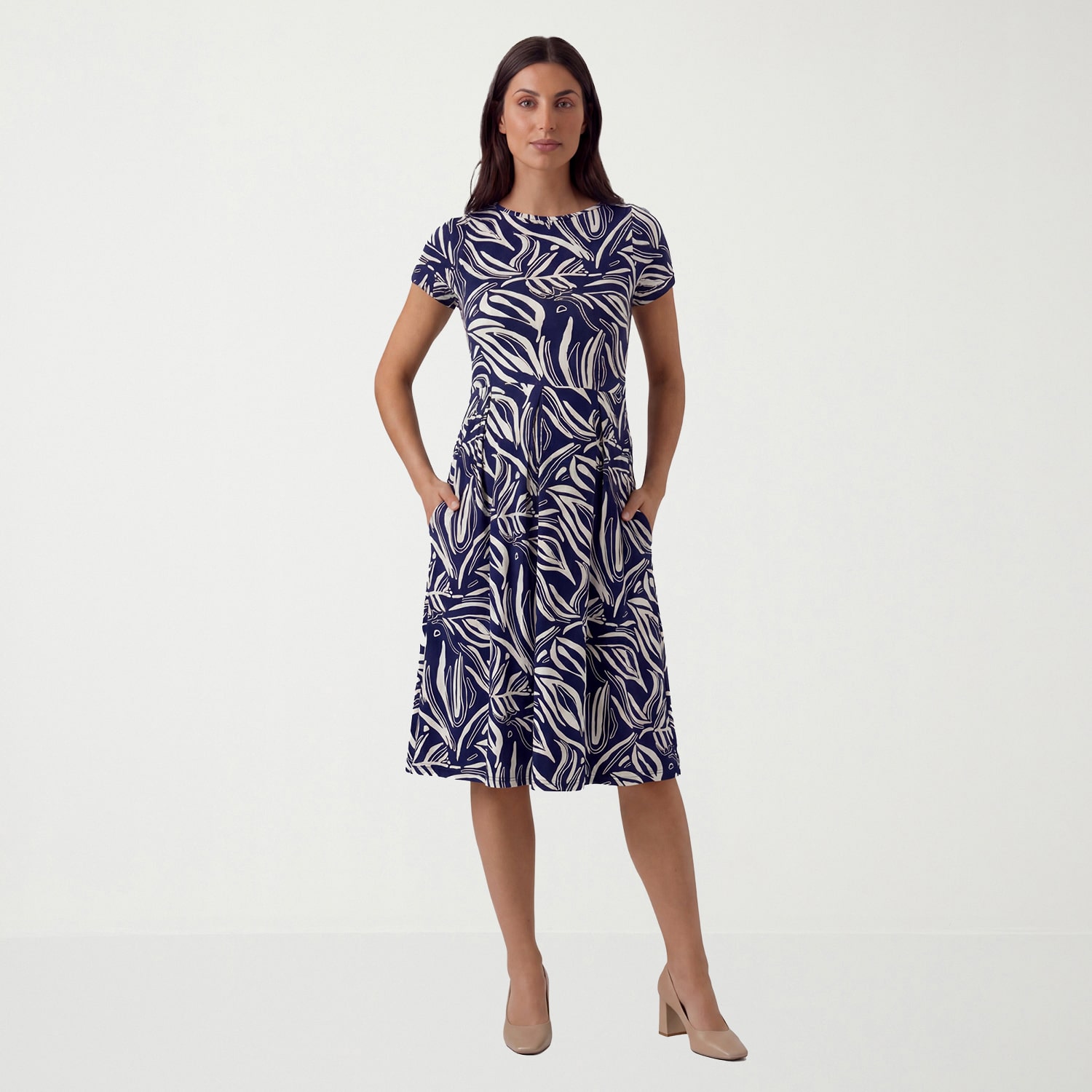 24seven Comfort Apparel Maternity Womens Midi Boat Neck Short Sleeve Abstract Fit + Flare Dress
