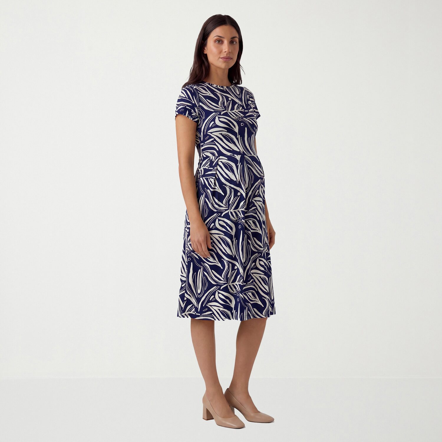 24seven Comfort Apparel Maternity Womens Midi Boat Neck Short Sleeve Abstract Fit + Flare Dress