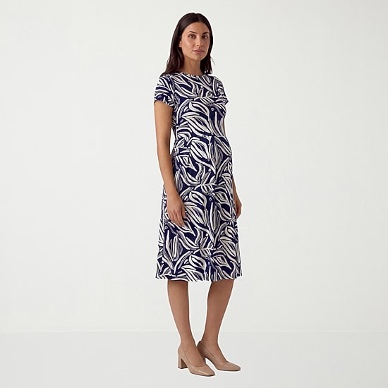 24seven Comfort Apparel Womens Maternity Midi Boat Neck Short Sleeve Abstract Fit + Flare Dress