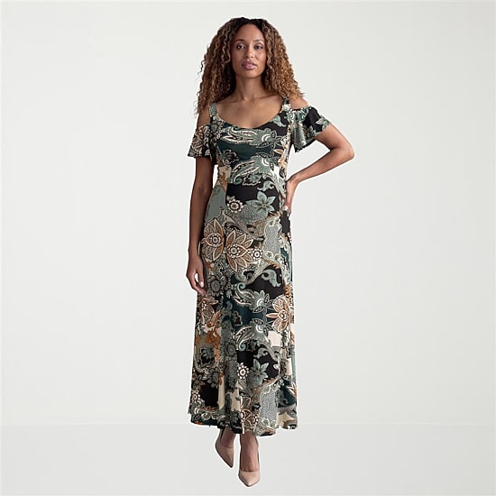 24seven Comfort Apparel Womens Maternity Square Neck Short Sleeve Paisley A-Line Dress