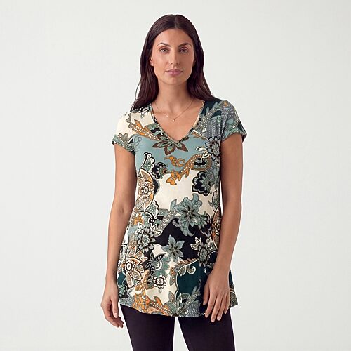 24seven Comfort Apparel Maternity Maternity Womens V Neck Short Sleeve Tunic Top In Green