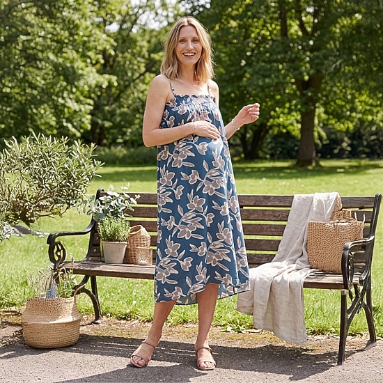 24seven Comfort Apparel Womens Maternity Midi Square Neck Sleeveless Floral A-Line Dress