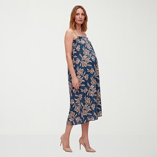 24seven Comfort Apparel Womens Maternity Midi Square Neck Sleeveless Floral A-Line Dress