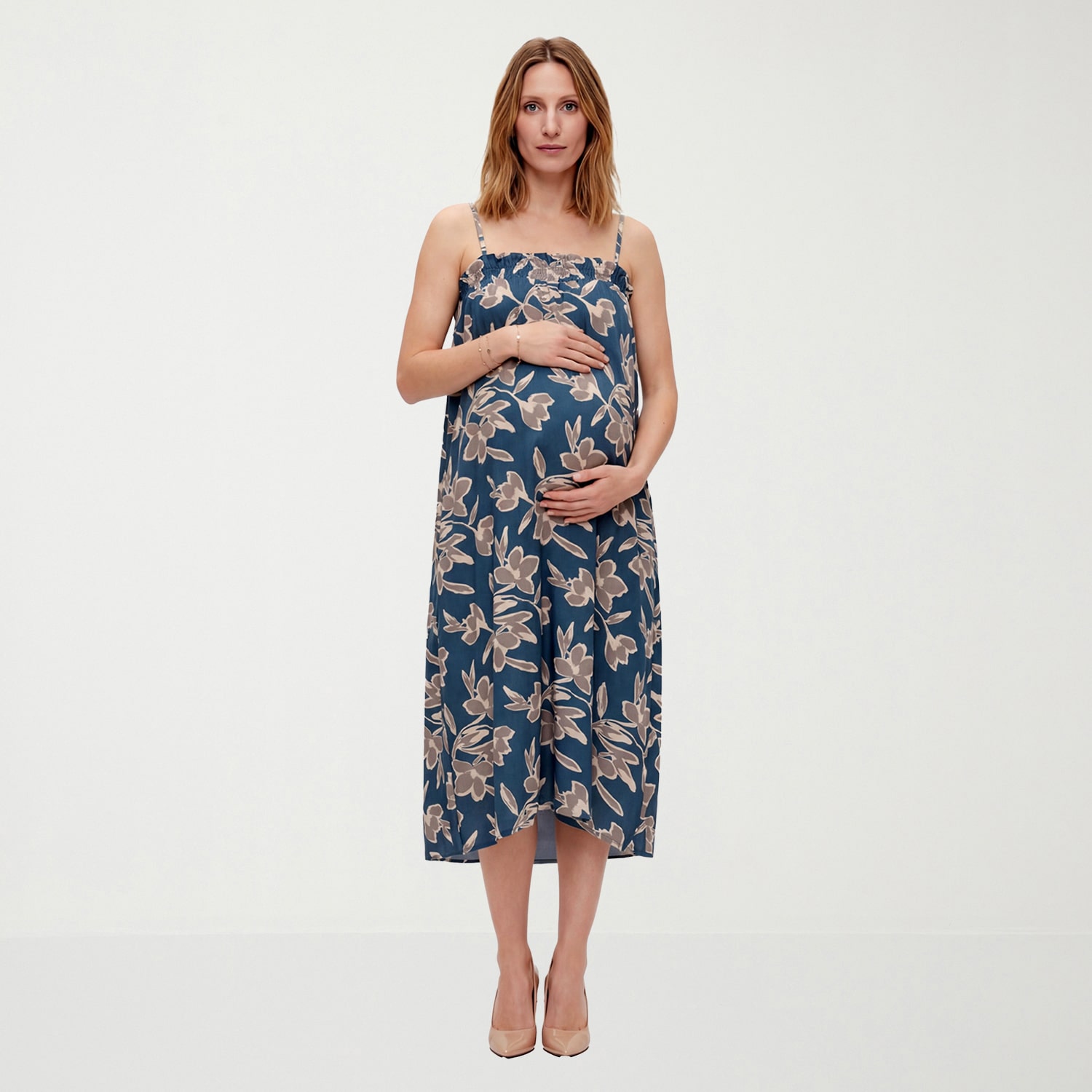 24seven Comfort Apparel Maternity Womens Square Neck Sleeveless Floral A-Line Dress
