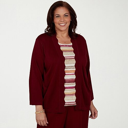 Alfred Dunner Womens Round Neck 3/4 Sleeve Striped Layered Sweater Plus In Red
