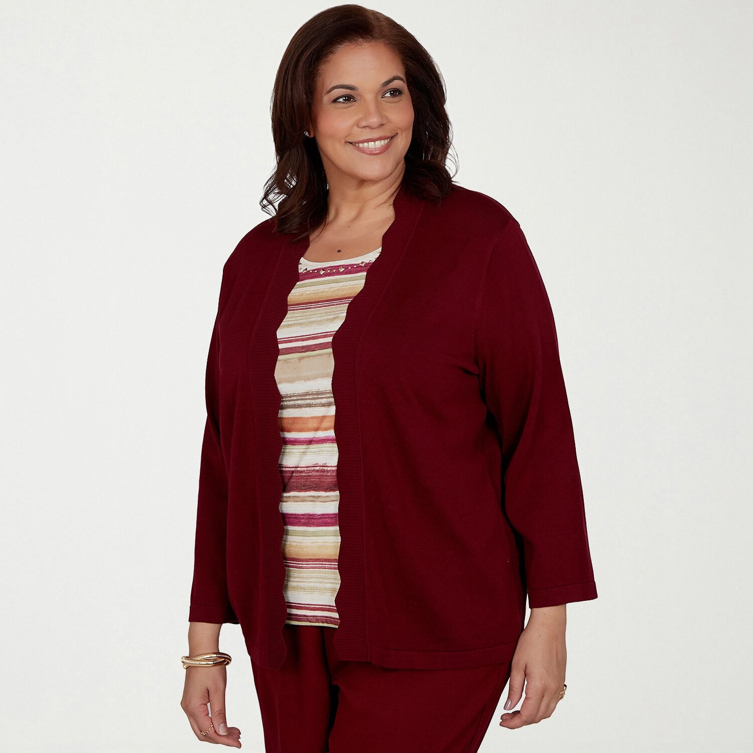 Alfred Dunner Union Square Womens Round Neck 3/4 Sleeve Striped Layered Sweater Plus