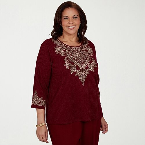 Alfred Dunner Womens Plus Crew Neck 3/4 Sleeve T-shirt In Red