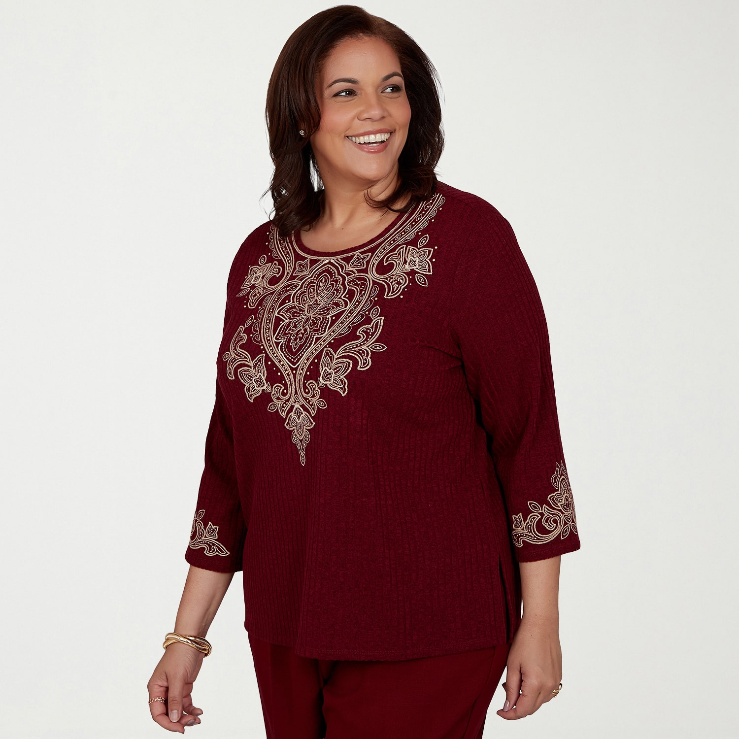 Alfred Dunner Union Square Womens Plus Crew Neck 3/4 Sleeve T-Shirt