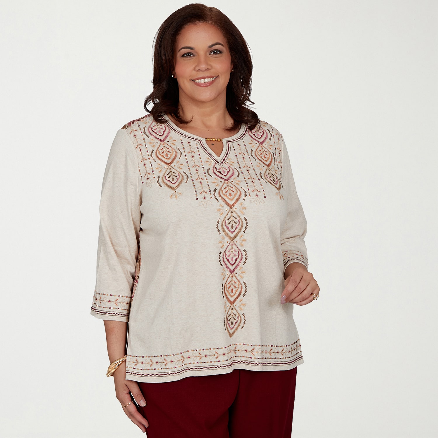 Alfred Dunner Union Square Womens Plus Keyhole Neck 3/4 Sleeve T-Shirt