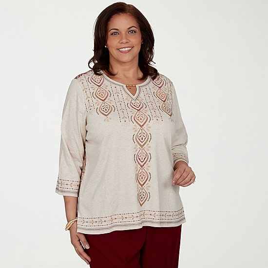 Alfred Dunner Union Square Womens Plus Keyhole Neck 3/4 Sleeve T-Shirt