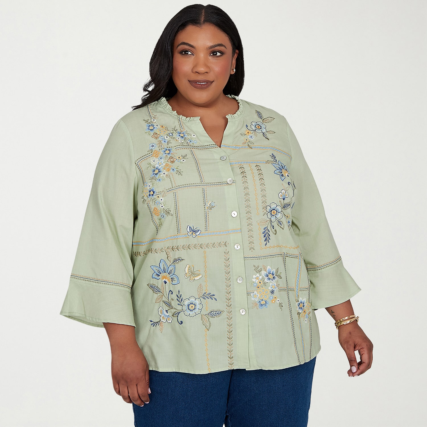 Alfred Dunner Inidigo Girls Womens Plus Split Crew Neck 3/4 Sleeve Blouse