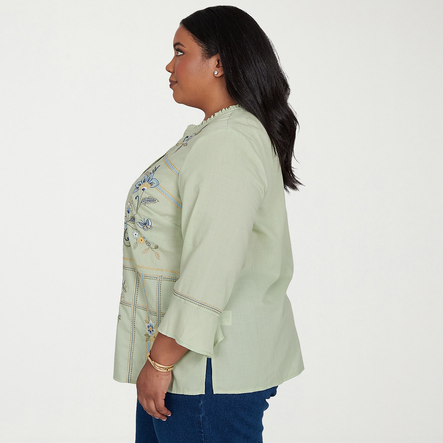 Alfred Dunner Inidigo Girls Womens Plus Split Crew Neck 3/4 Sleeve Blouse