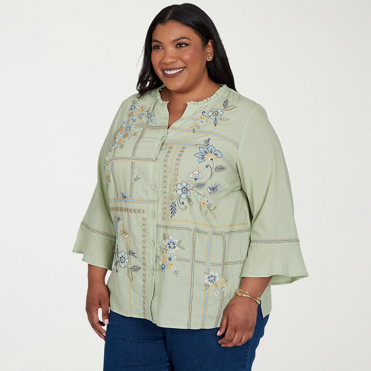 Alfred Dunner Inidigo Girls Womens Plus Split Crew Neck 3/4 Sleeve Blouse