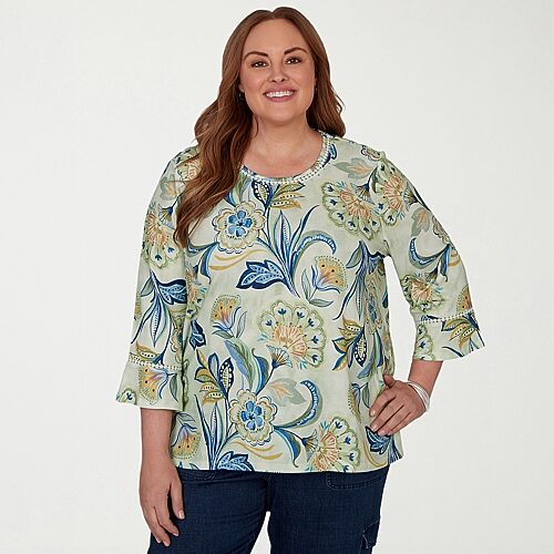 Alfred Dunner Inidigo Girls Womens Plus Crew Neck 3/4 Sleeve T-shirt In Green