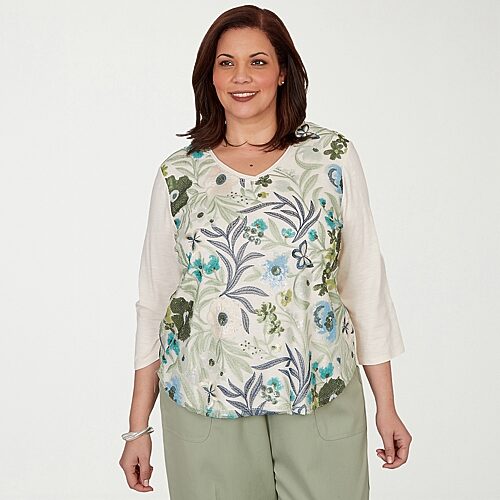 Alfred Dunner Inidigo Girls Womens Plus 3/4 Sleeve T-shirt In White