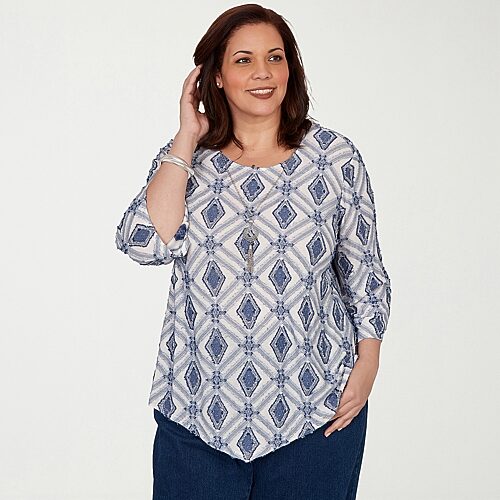 Alfred Dunner Inidigo Girls Womens Plus Crew Neck 3/4 Sleeve T-shirt In Blue