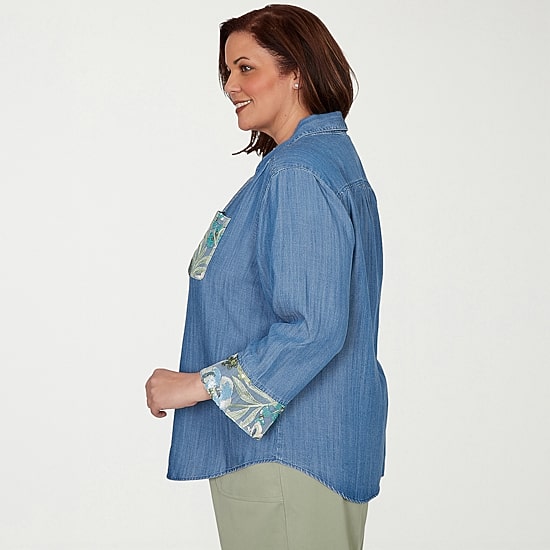 Alfred Dunner Womens Plus Ruffled 3/4 Sleeve Regular Fit Button-Down Shirt