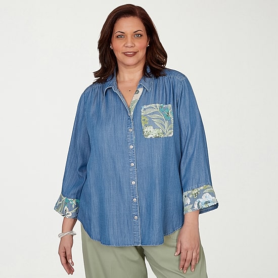 Alfred Dunner Womens Plus Ruffled 3/4 Sleeve Regular Fit Button-Down Shirt