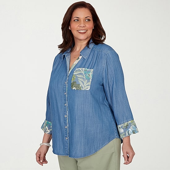 Alfred Dunner Womens Plus Ruffled 3/4 Sleeve Regular Fit Button-Down Shirt