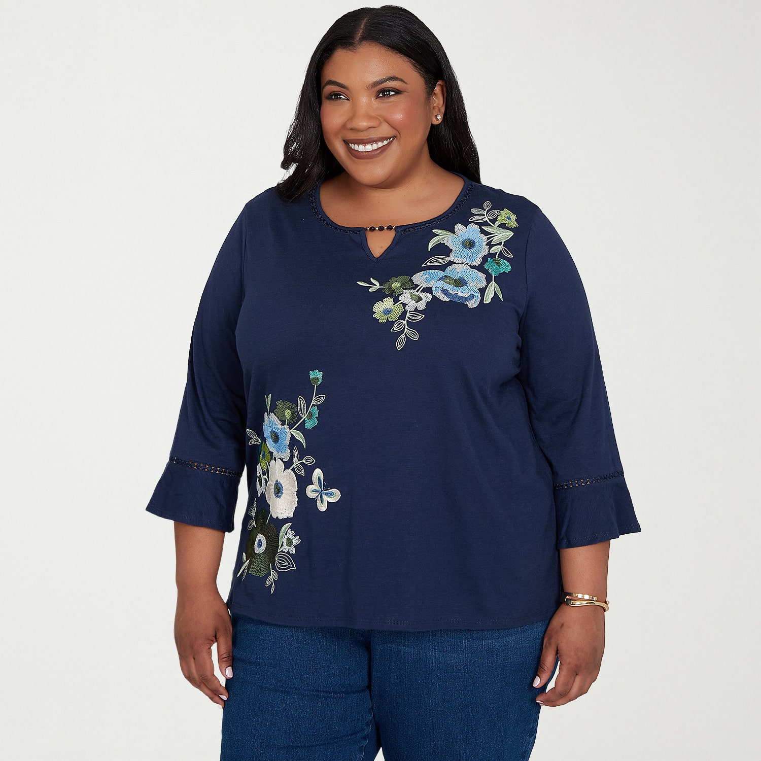 Alfred Dunner Inidigo Girls Womens Plus Crew Neck 3/4 Sleeve T-Shirt