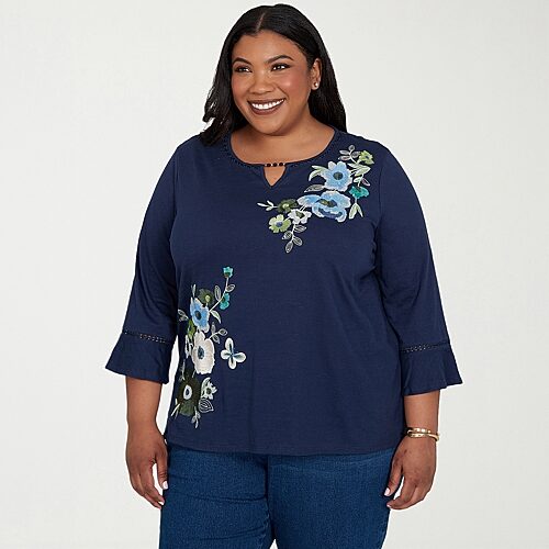 Alfred Dunner Inidigo Girls Womens Plus Crew Neck 3/4 Sleeve T-shirt In Blue