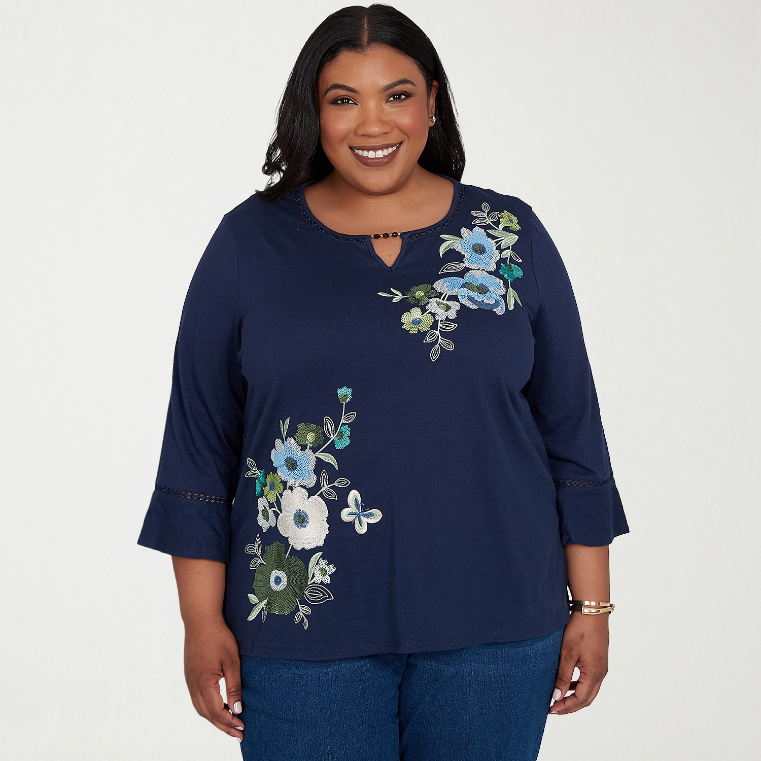 Alfred Dunner Inidigo Girls Womens Plus Crew Neck 3/4 Sleeve T-Shirt