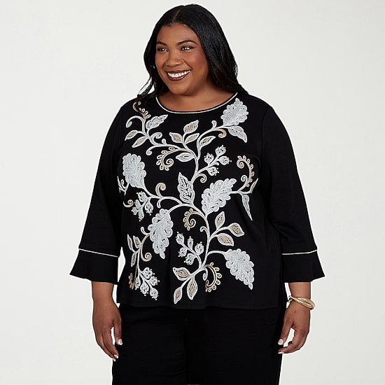 Alfred Dunner Travel Advisory Womens Plus Crew Neck 3/4 Sleeve T-Shirt