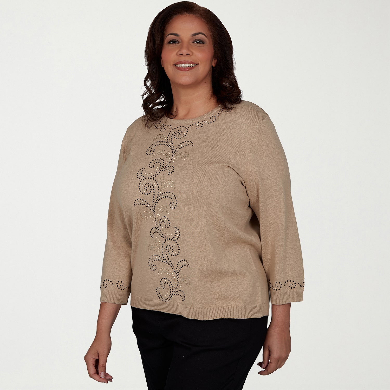 Alfred Dunner Plus Womens Crew Neck 3/4 Sleeve Pullover Sweater