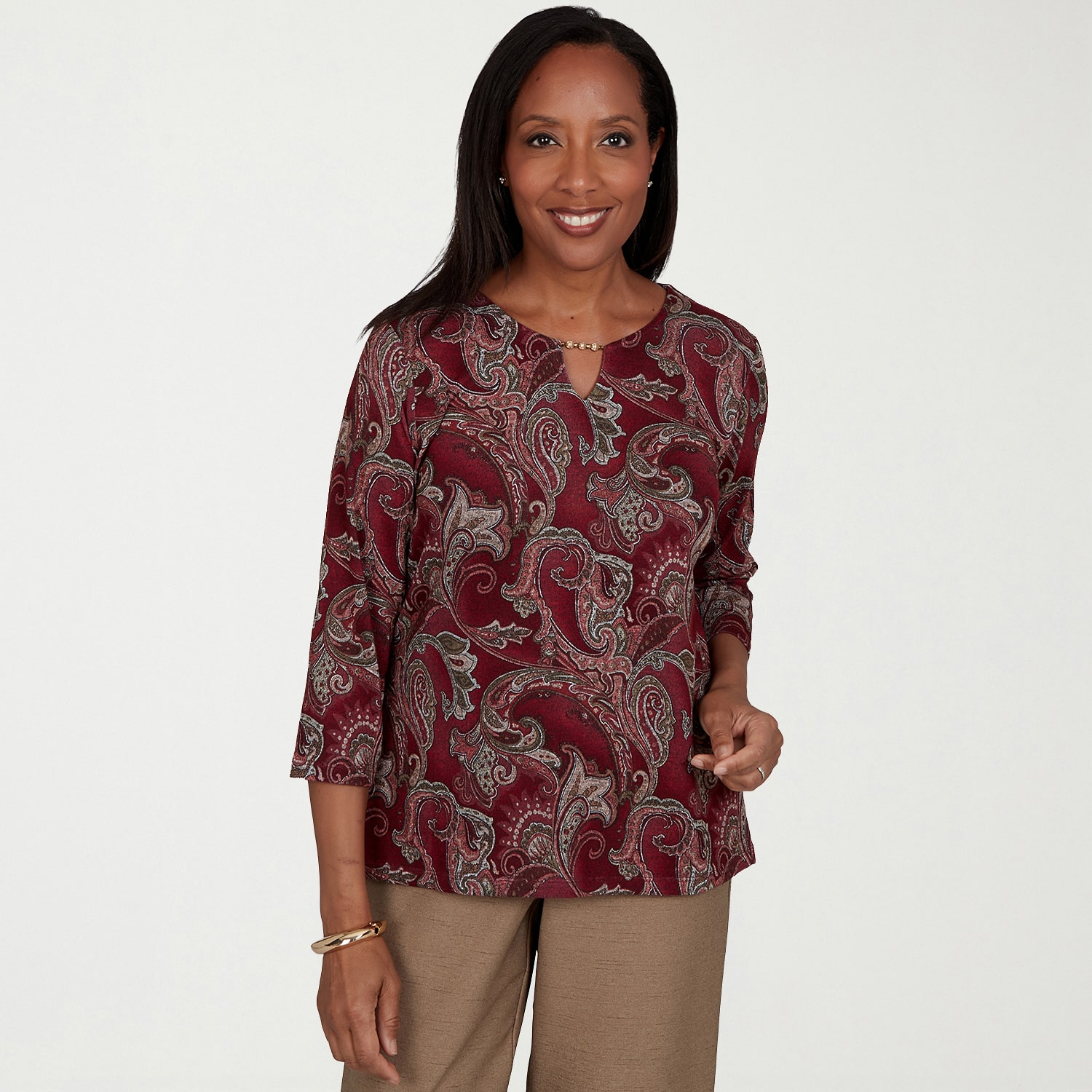 Alfred Dunner Union Square Womens Crew Neck 3/4 Sleeve T-Shirt