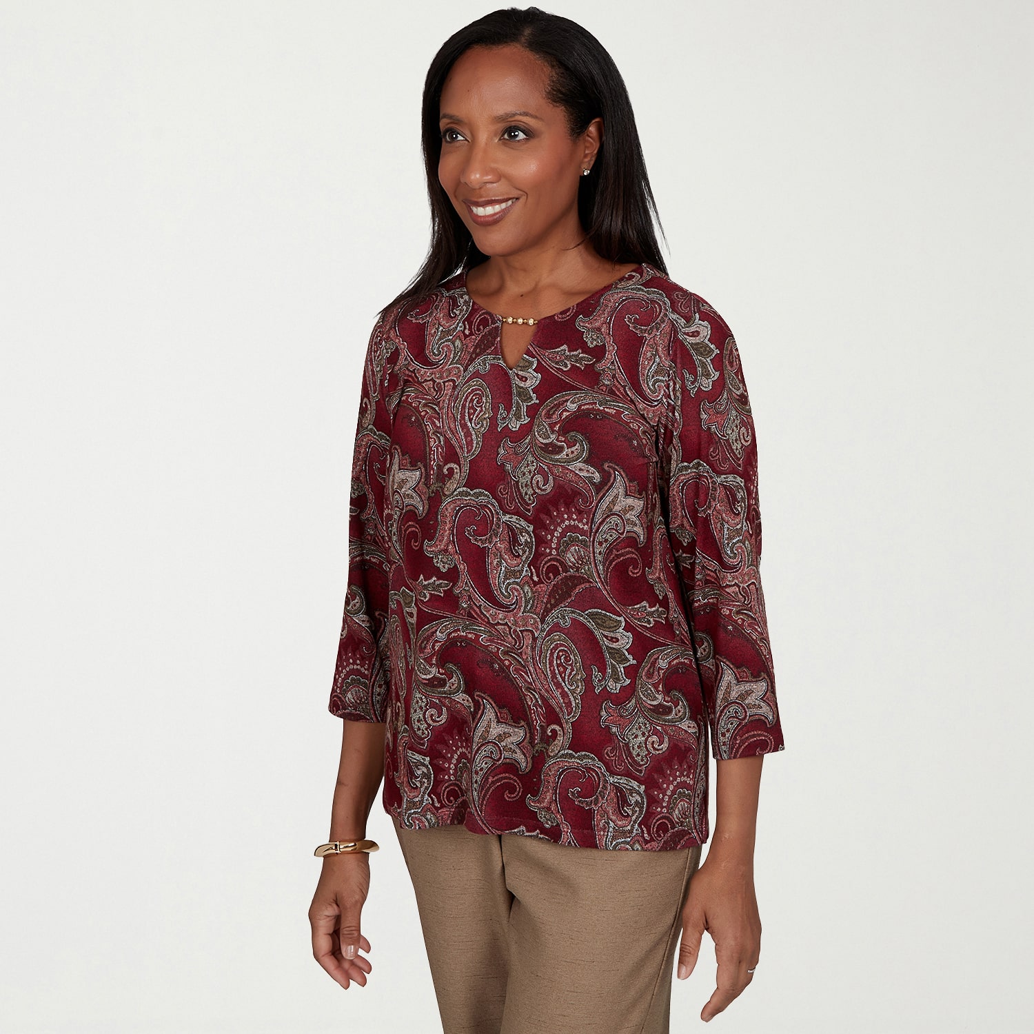 Alfred Dunner Union Square Womens Crew Neck 3/4 Sleeve T-Shirt