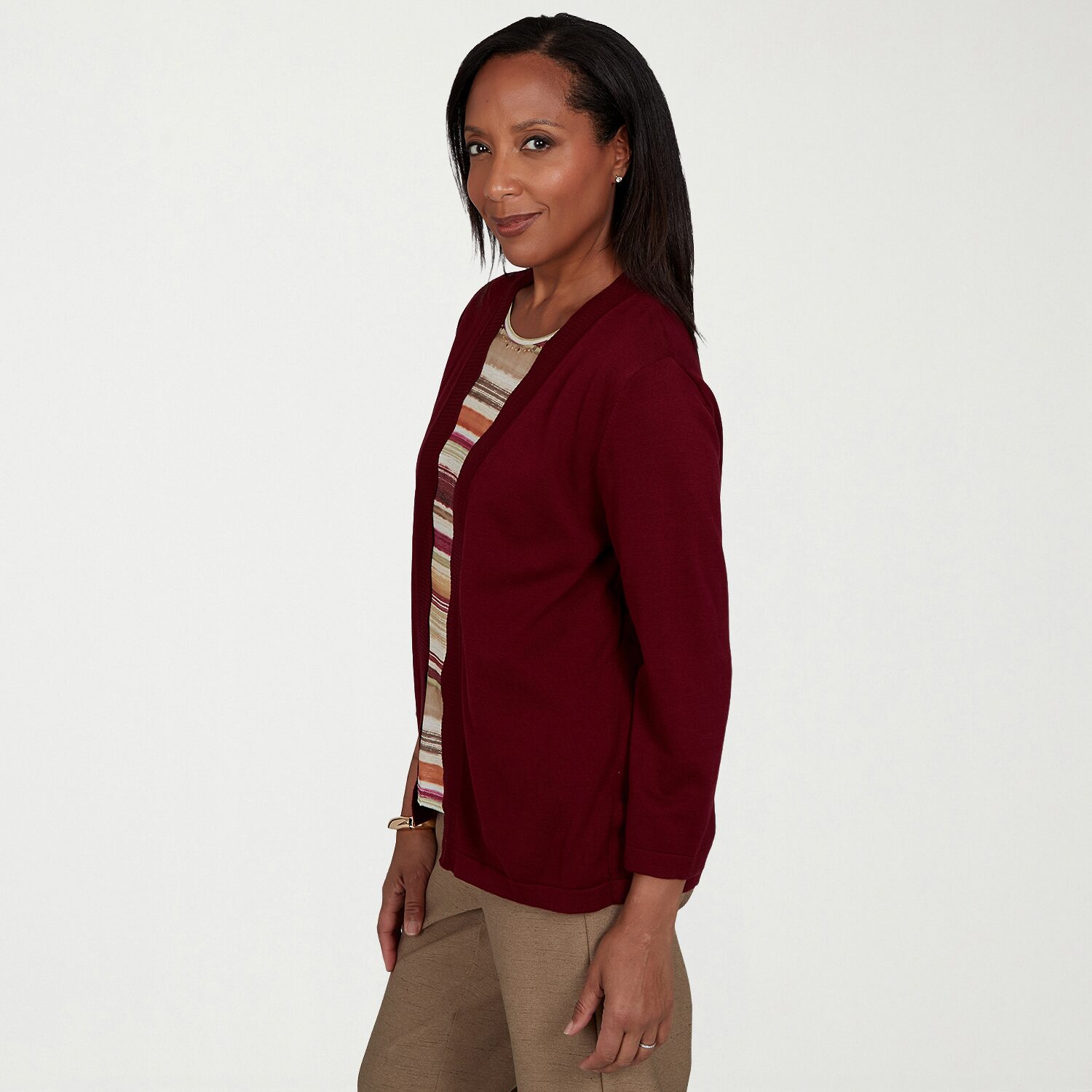 Alfred Dunner Union Square Womens Round Neck 3/4 Sleeve Striped Layered Sweater