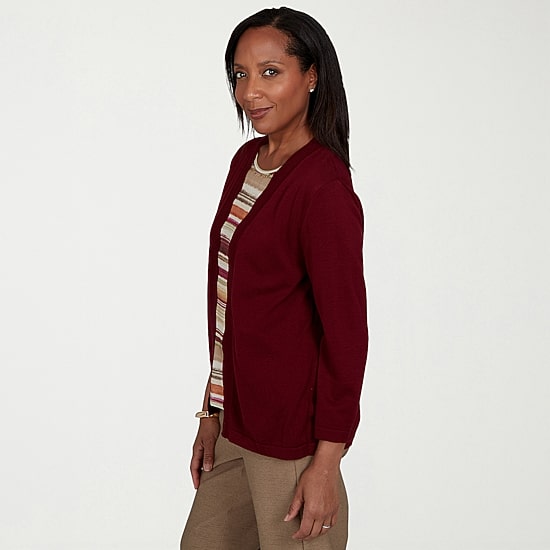 Alfred Dunner Union Square Womens Round Neck 3/4 Sleeve Striped Layered Sweater