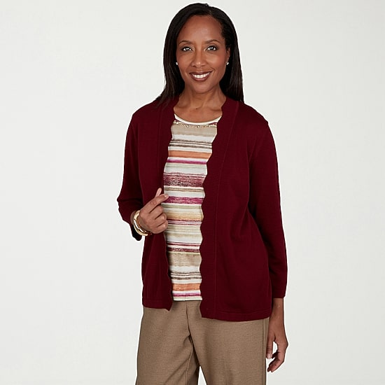 Alfred Dunner Union Square Womens Round Neck 3/4 Sleeve Striped Layered Sweater