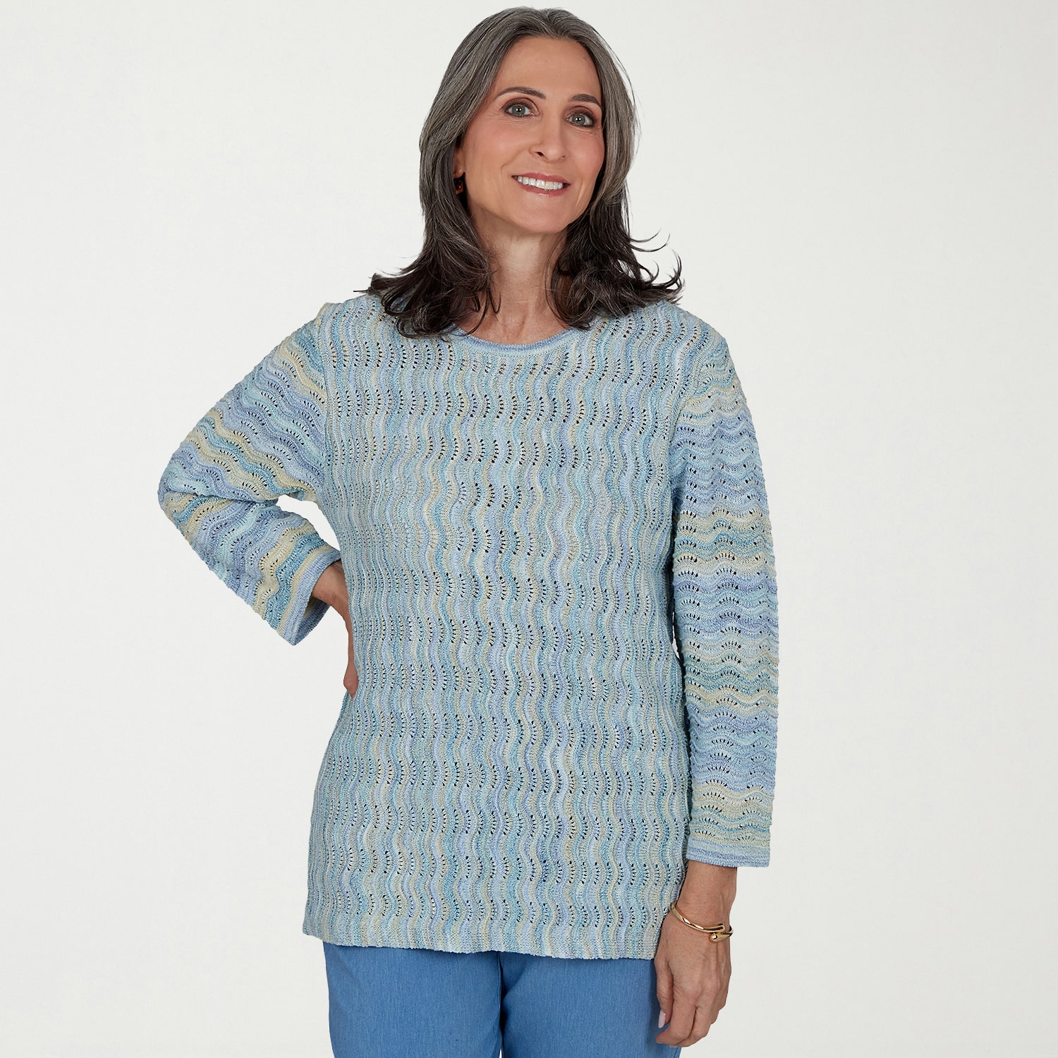 Alfred Dunner Provence Womens Crew Neck 3/4 Sleeve Pullover Sweater