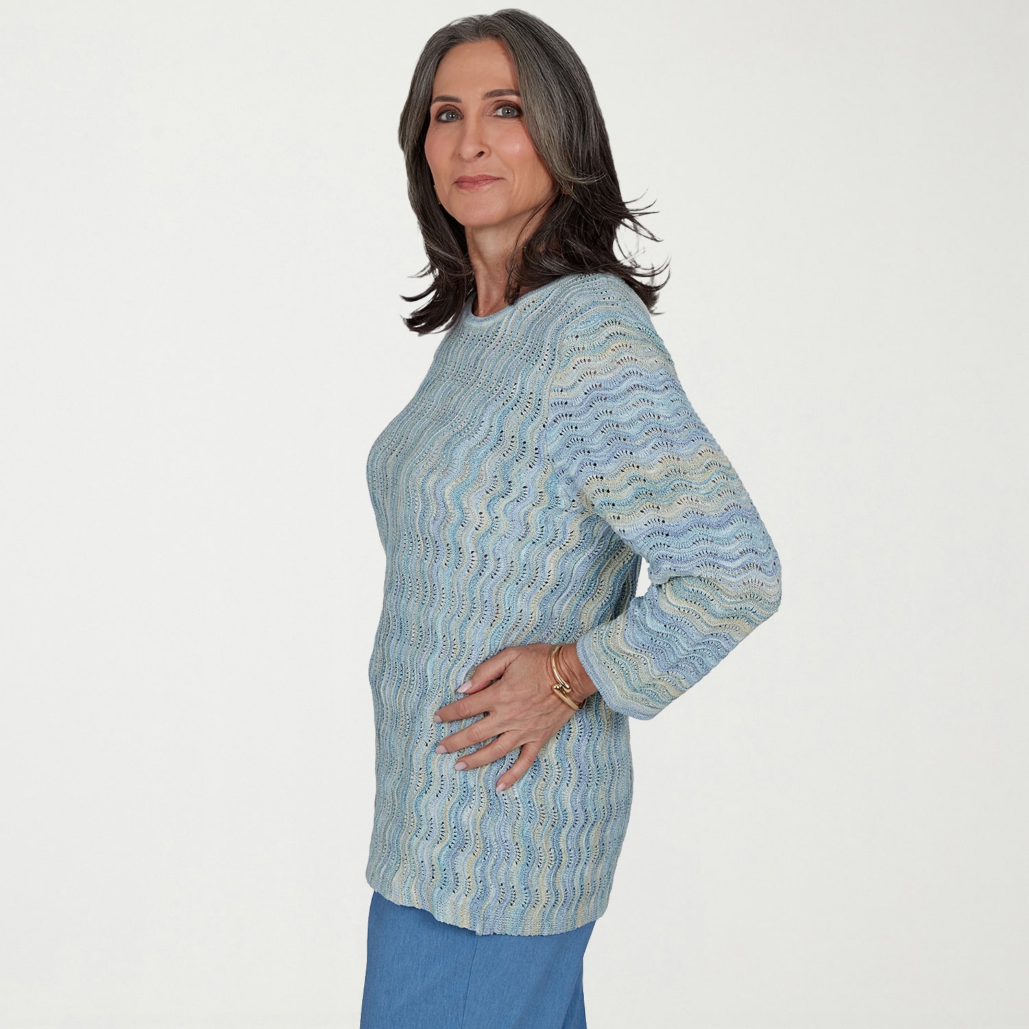 Alfred Dunner Provence Womens Crew Neck 3/4 Sleeve Pullover Sweater