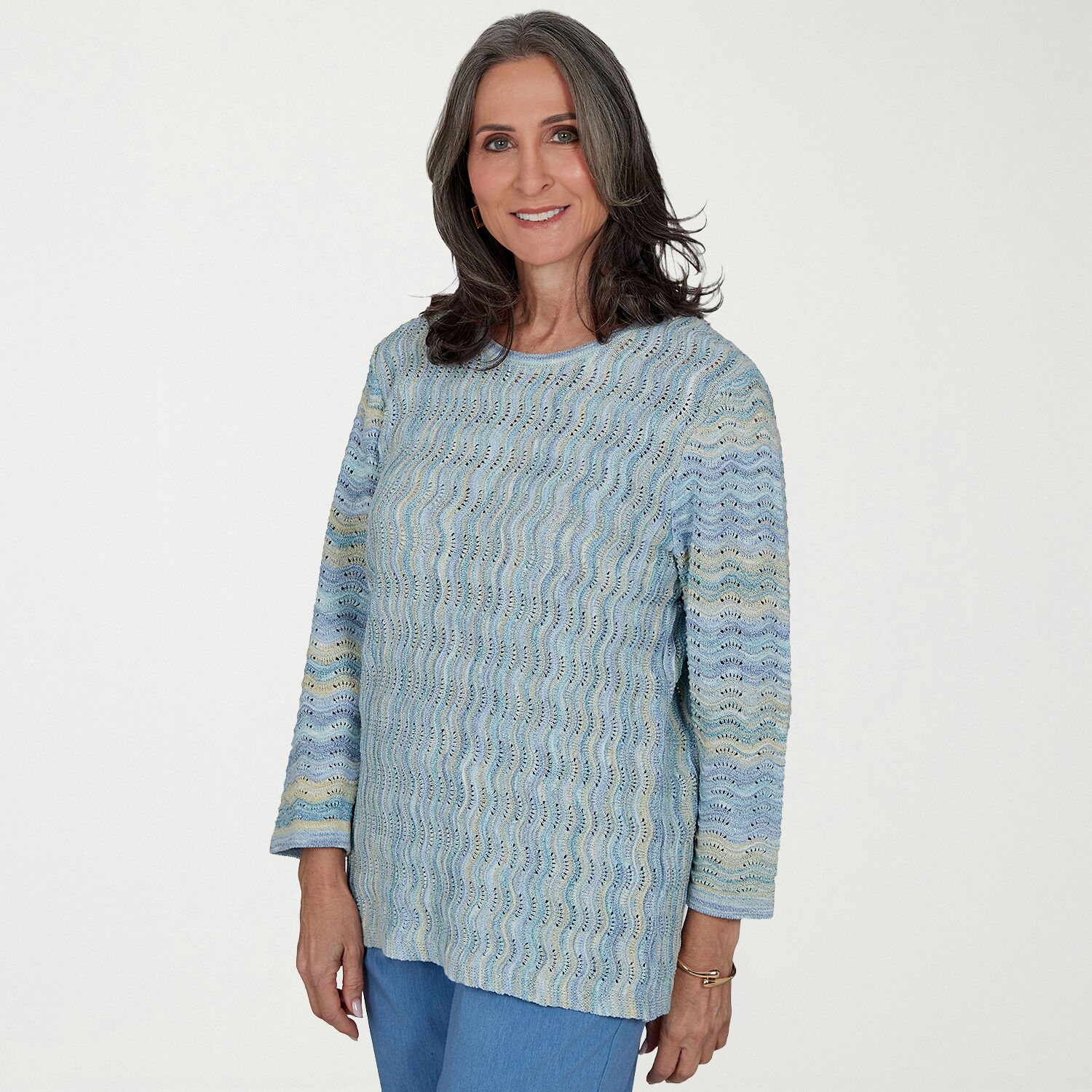 Alfred Dunner Provence Womens Crew Neck 3/4 Sleeve Pullover Sweater