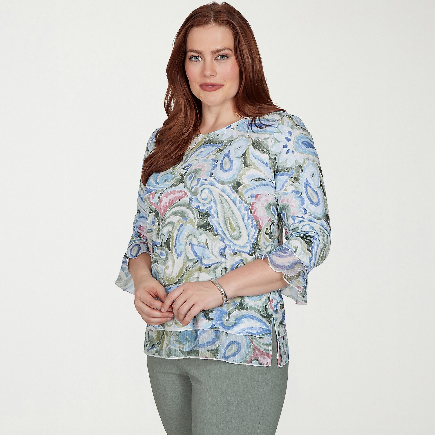 Alfred Dunner Provence Womens Crew Neck 3/4 Sleeve T-Shirt