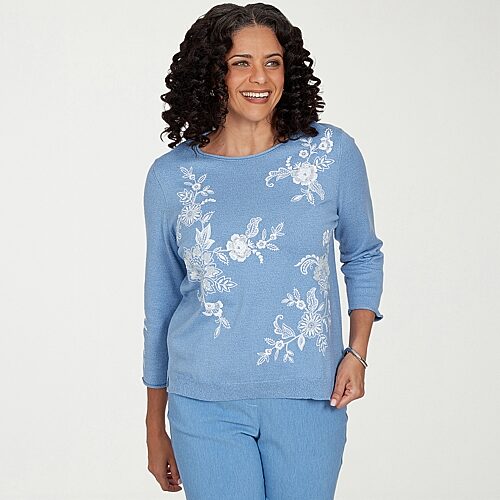 Alfred Dunner Womens Crew Neck 3/4 Sleeve Floral Pullover Sweater In Blue