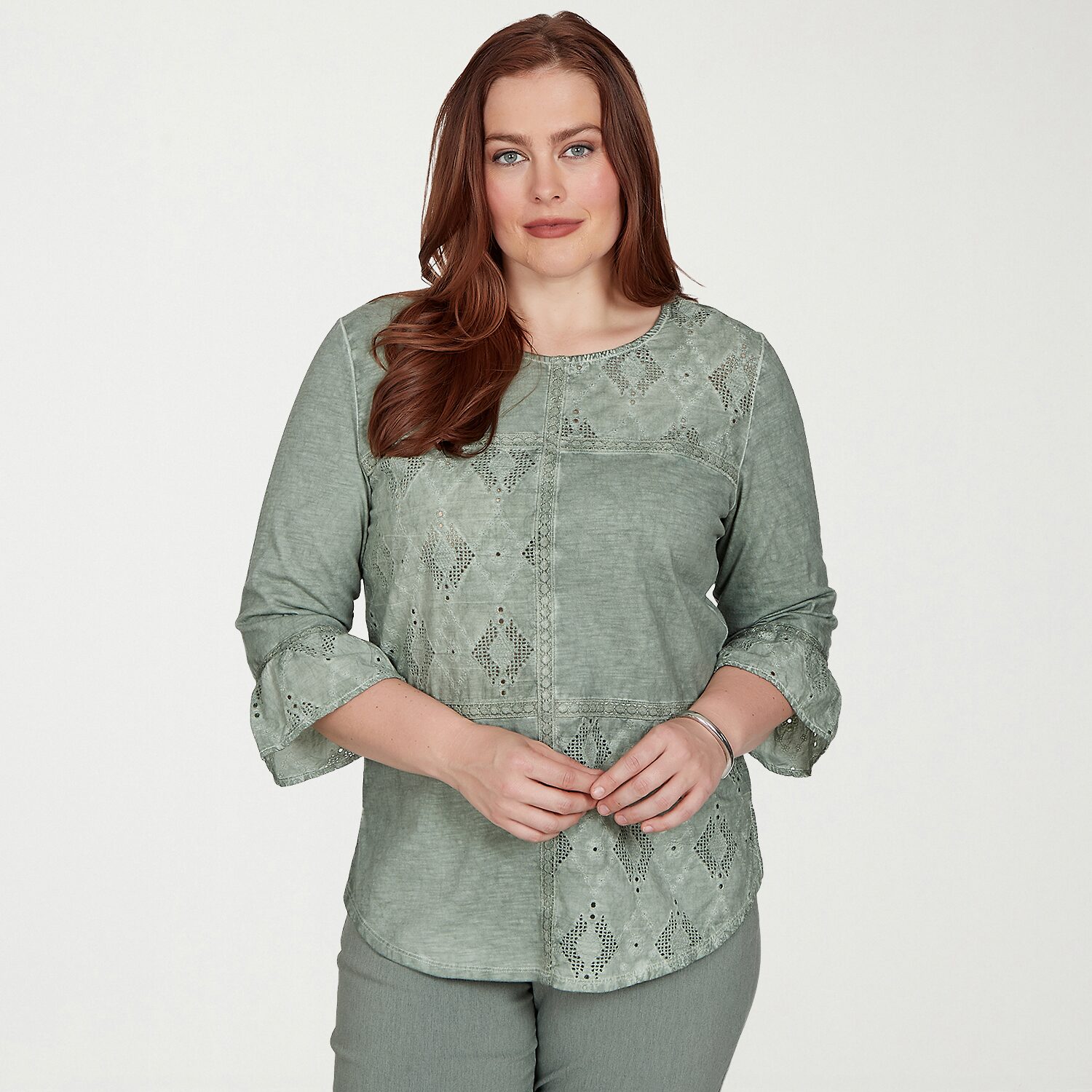 Alfred Dunner Provence Womens Crew Neck 3/4 Sleeve T-Shirt