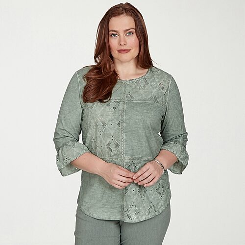 Alfred Dunner Womens Crew Neck 3/4 Sleeve T-shirt In Green