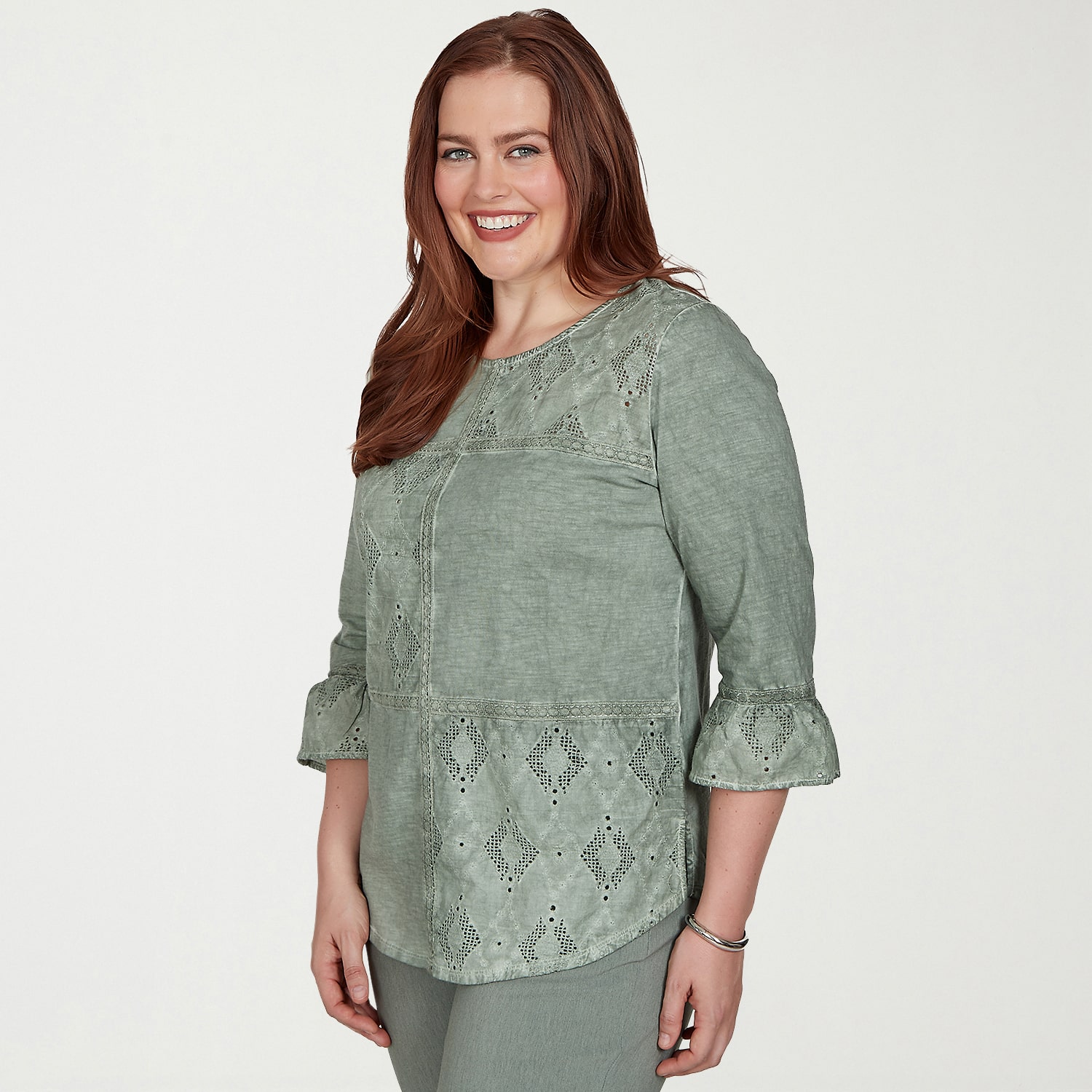 Alfred Dunner Provence Womens Crew Neck 3/4 Sleeve T-Shirt