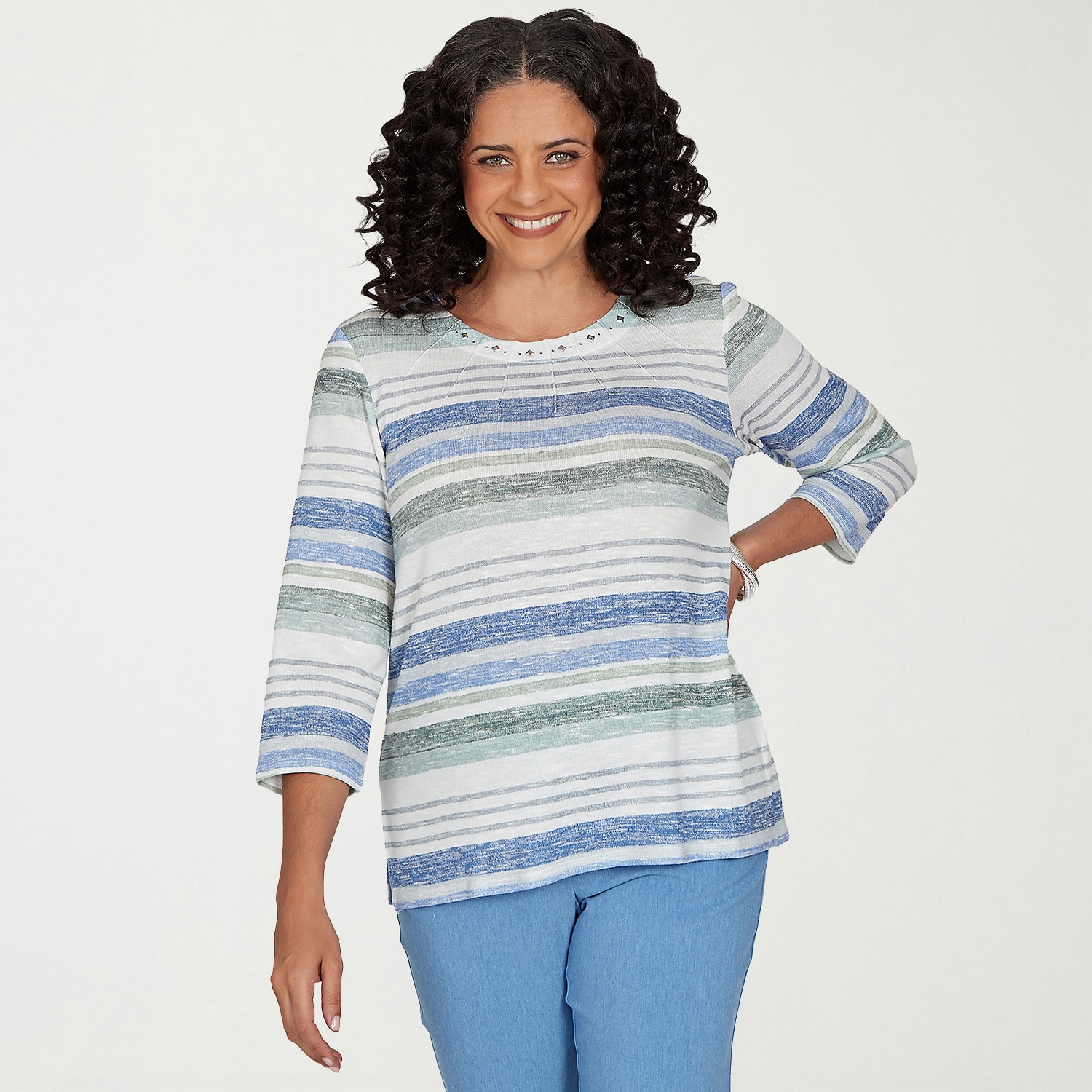 Alfred Dunner Provence Womens Crew Neck 3/4 Sleeve T-Shirt